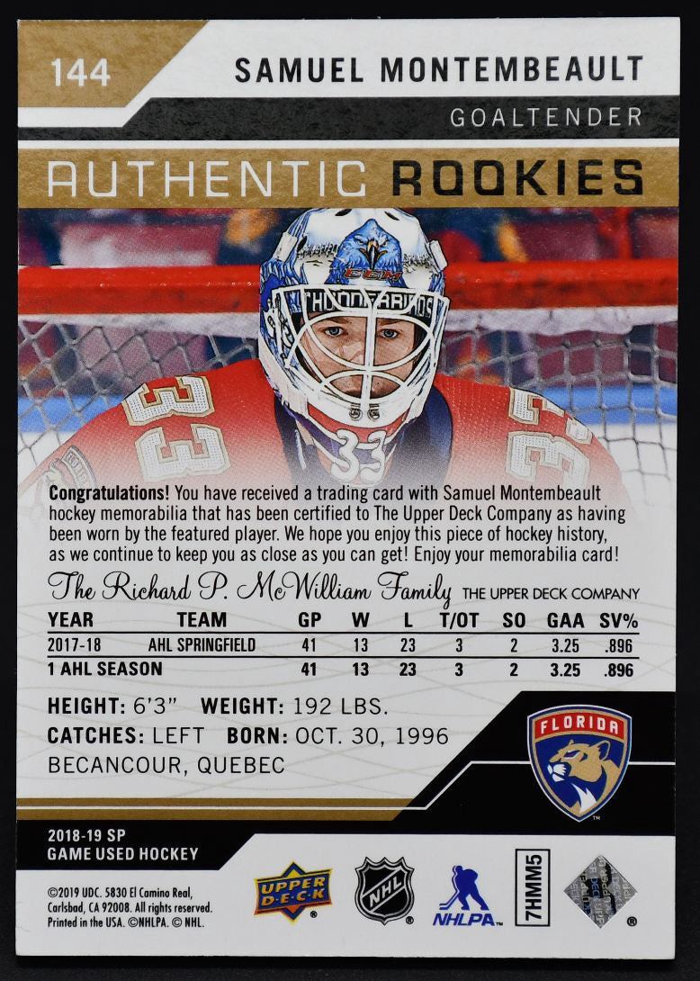 2018-19 SP Game Used Authentic Rookies Jersey Gold Montembeault RC 489/499