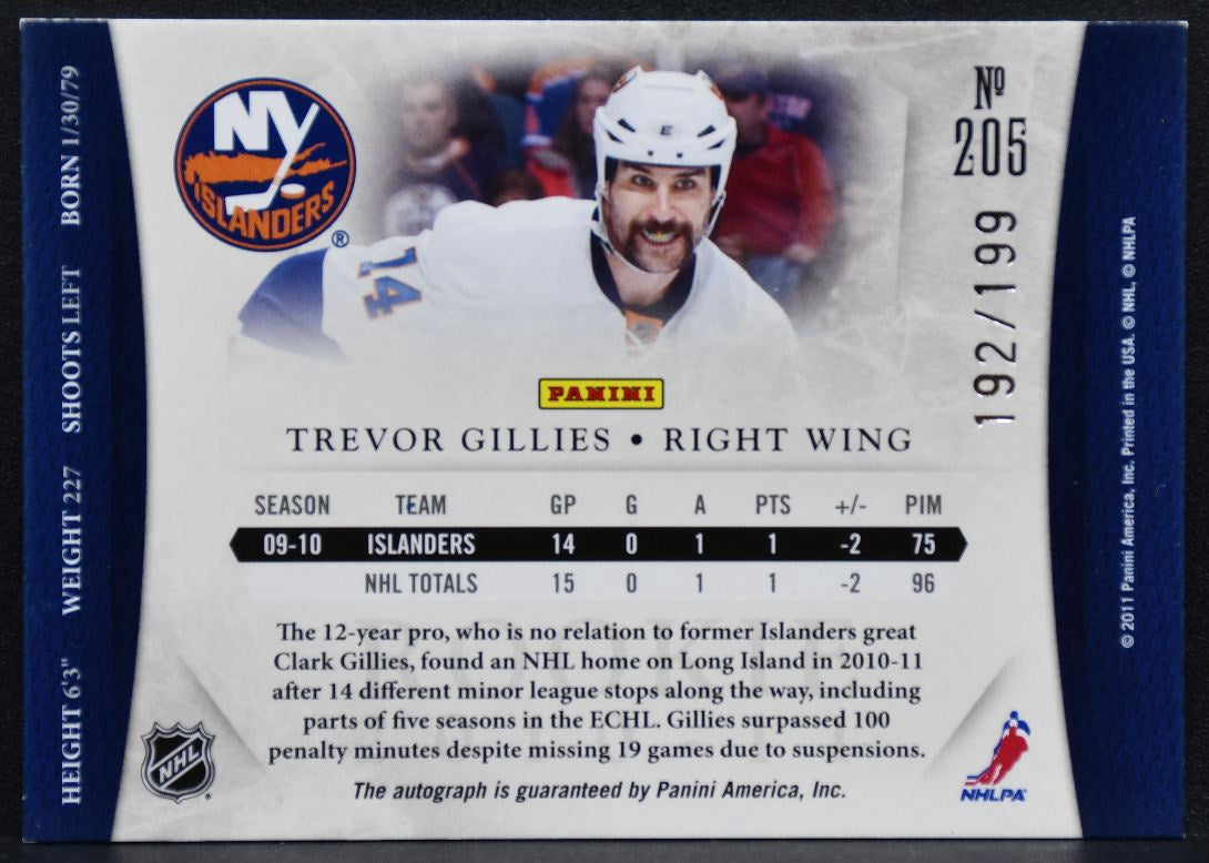 2010-11 Panini Dominion Rookie Auto Trevor Gillies 205 RC Auto 192/199 5027