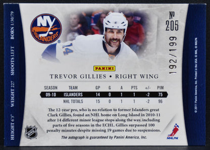 2010-11 Panini Dominion Rookie Auto Trevor Gillies 205 RC Auto 192/199 5027