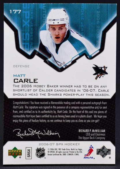 2006-07 SPx Autographed Rookie Jersey Matt Carle 177 RC Auto 1225/1299 Jersey