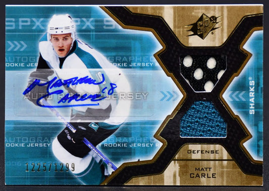 2006-07 SPx Autographed Rookie Jersey Matt Carle 177 RC Auto 1225/1299 Jersey