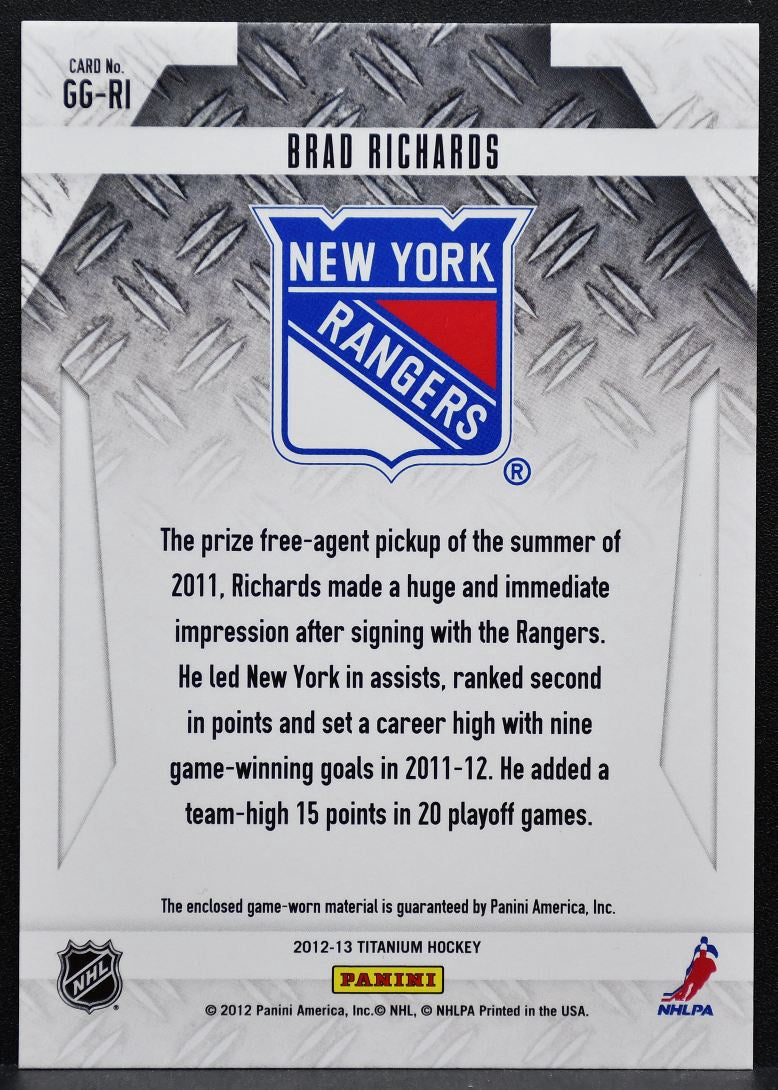 2012-13 Panini Titanium Game-worn Gear Brad Richards GG-RI Rangers Jersey 0684