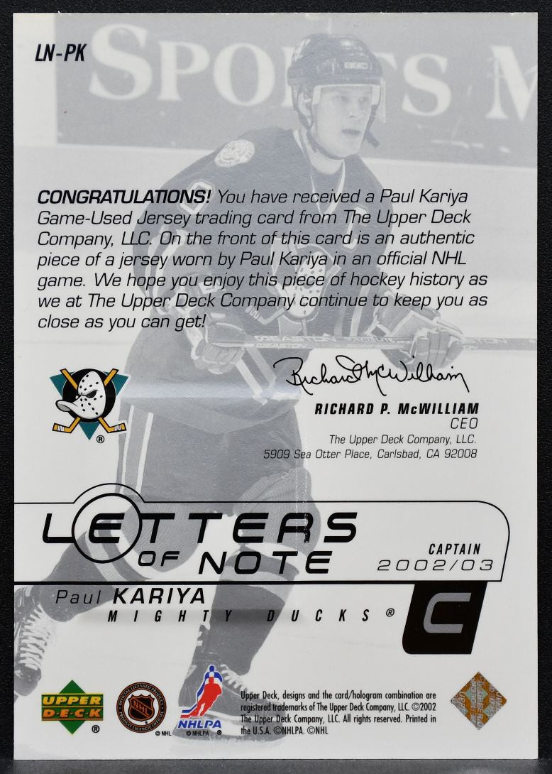 2002-03 Upper Deck Letters of Note Paul Kariya LN-PK Mighty Ducks Jersey 2592