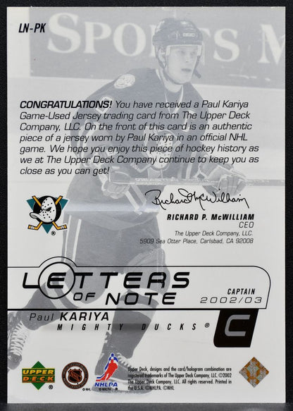 2002-03 Upper Deck Letters of Note Paul Kariya LN-PK Mighty Ducks Jersey 2592