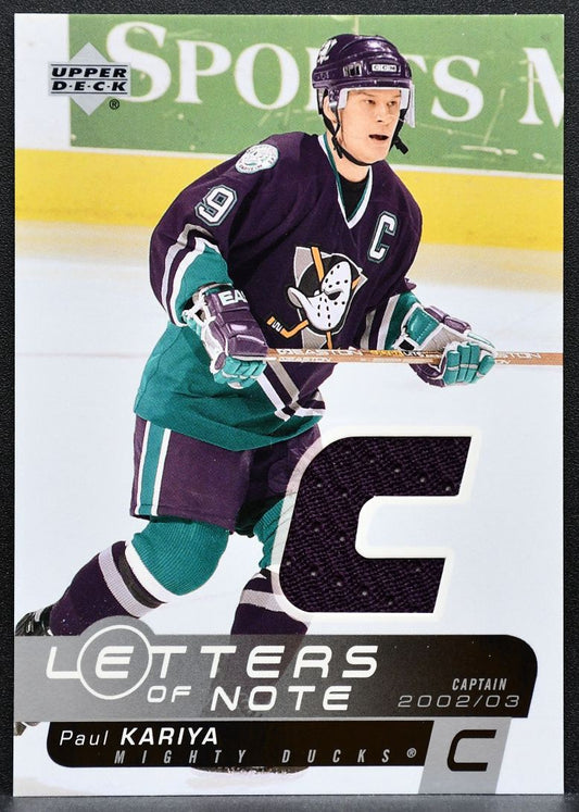 2002-03 Upper Deck Letters of Note Paul Kariya LN-PK Mighty Ducks Jersey 2592