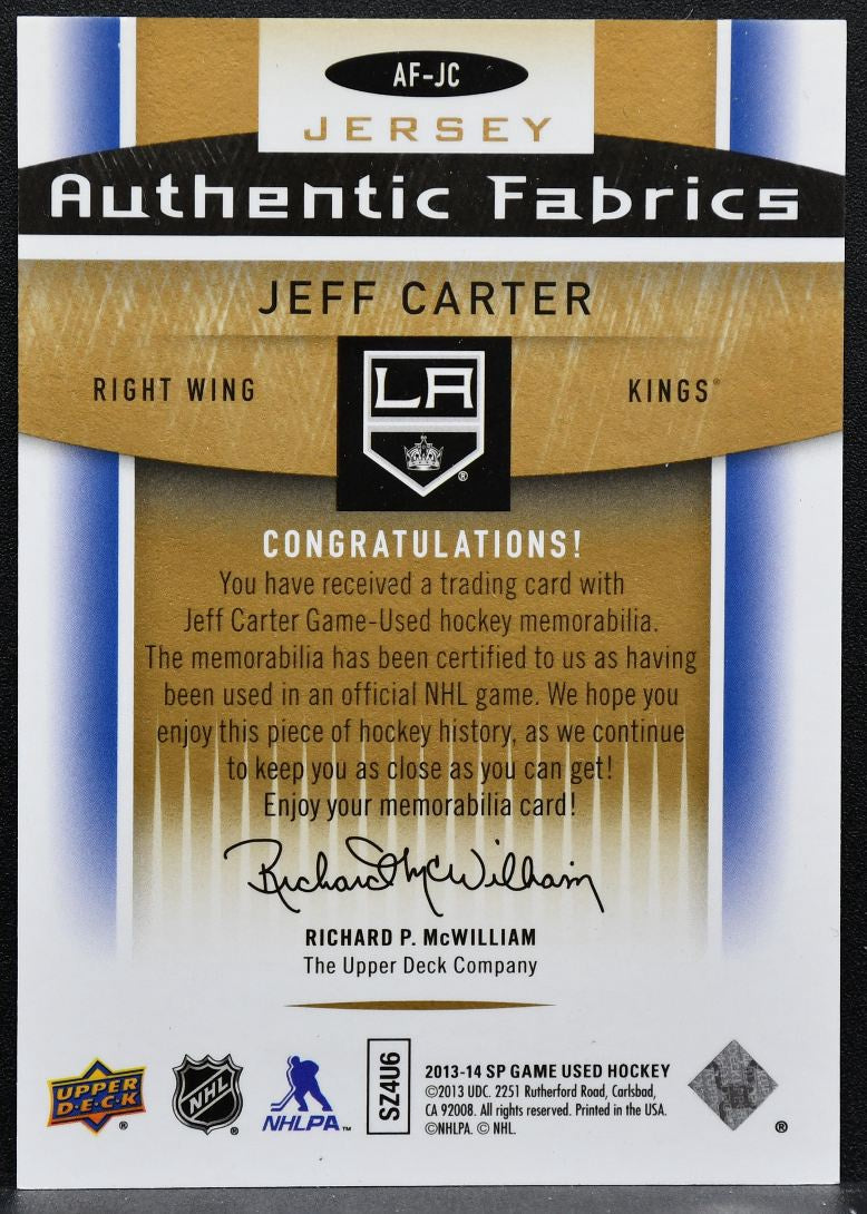 2013-14 SP Game Used Authentic Fabrics Gold Jeff Carter Kings 24/77 Jersey 3483