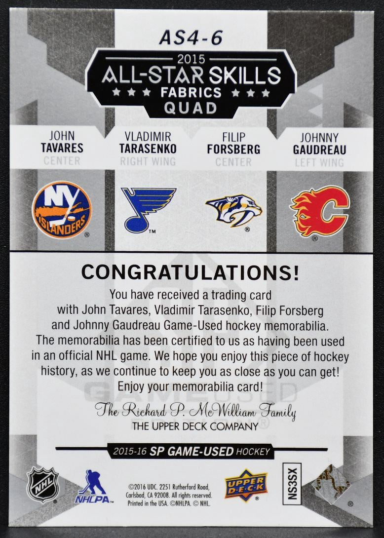 2015-16 SP Game Used Skills Fabrics Tavares/Tarasenko/Forsberg/Gaudreau Jersey 4343