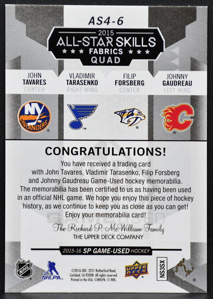 2015-16 SP Game Used Skills Fabrics Tavares/Tarasenko/Forsberg/Gaudreau Jersey 4343