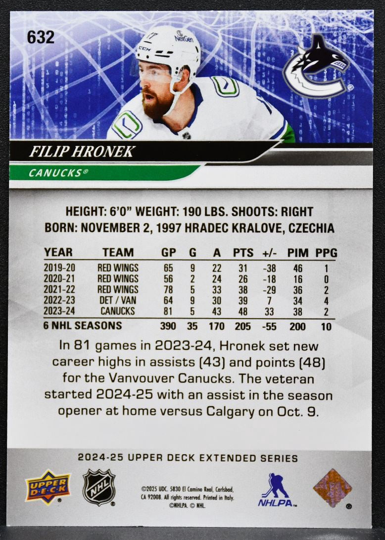 2024-25 UD Extended Series UD Exclusives Filip Hronek Canucks 015/100 5251