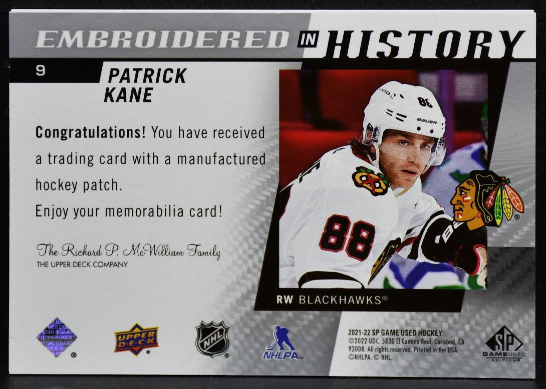 2021-22 SP Game Used Embroidered in History Patrick Kane 9 Blackhawks Patch 3879