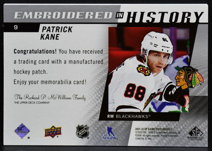 2021-22 SP Game Used Embroidered in History Patrick Kane 9 Blackhawks Patch 3879