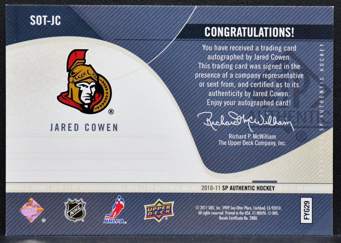 2010-11 SP Authentic Sign of the Times Jared Cowen Ottawa Senators Auto 9602