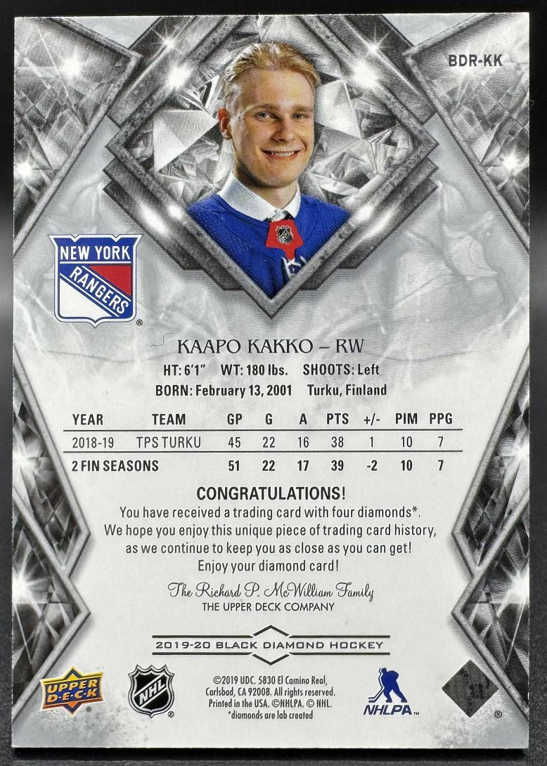 2019-20 UD Black Diamond Relic Rookie Gems Kaapo Kakko New York Rangers RC /99