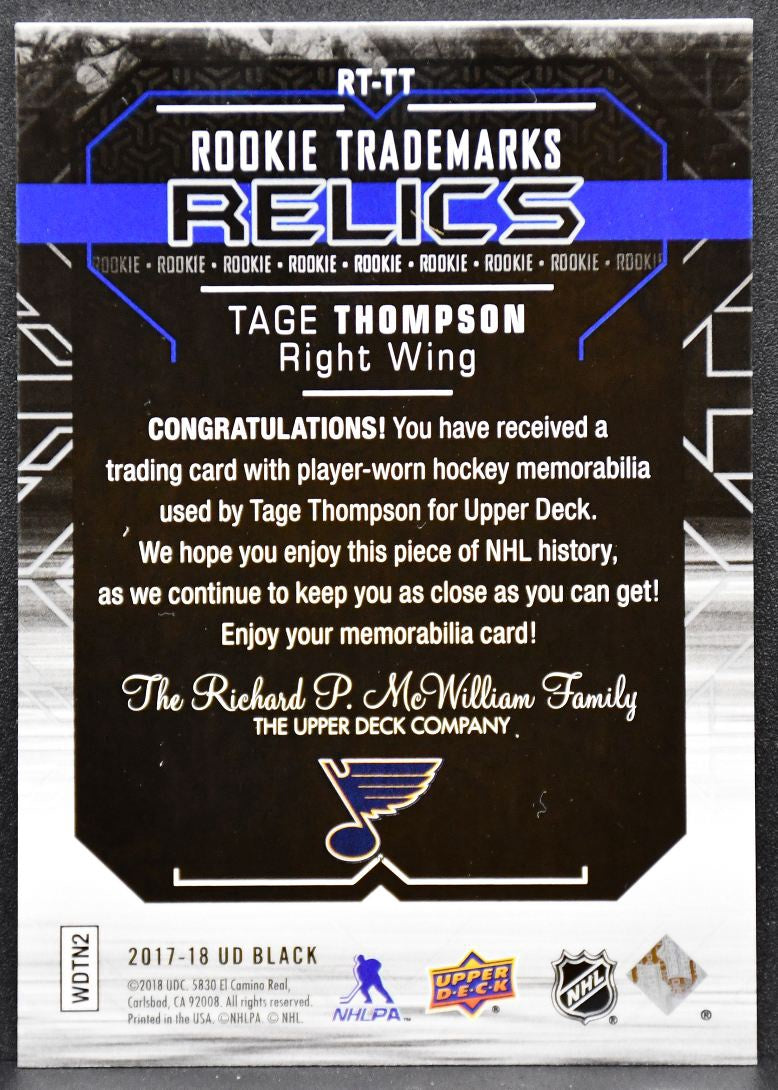 2017-18 SPx UD Black RC Trademarks Tage Thompson RT-TT Blues RC 199/299 Jersey 4275