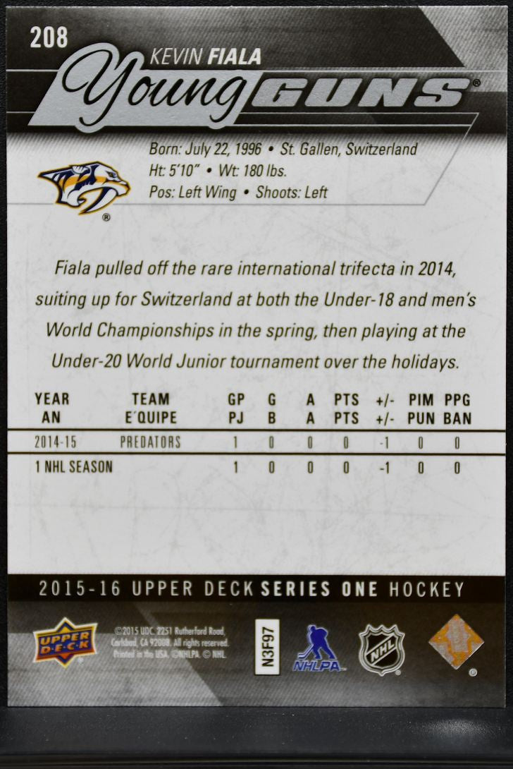 2015-16 UD Series 1 Young Guns Kevin Fiala 208 Nashville Predators RC 0151