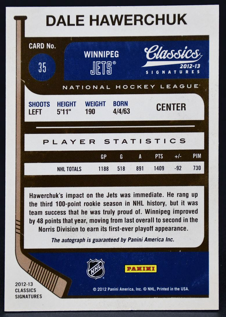 Carte autographiée Dale Hawerchuk n° 35 de la collection Panini Classics Signatures 2012-13