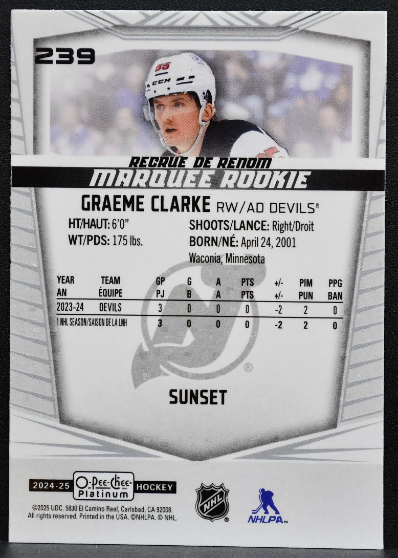 2024-25 O-Pee-Chee Platinum Marquee Rookie Sunset Graeme Clarke Devils RC 1112