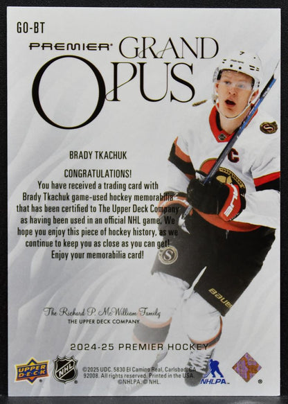 2024-25 UD Premier Grand Opus Jersey Brady Tkachuk Senators 012/149 Jersey 3417