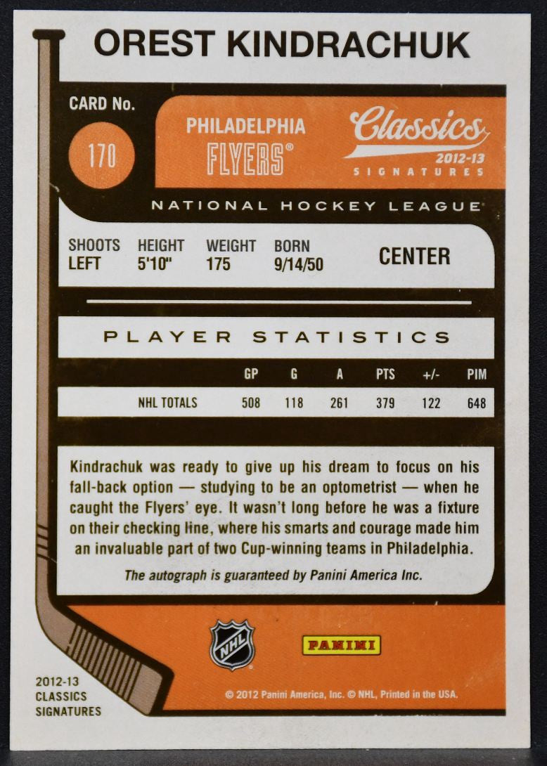 2012-13 Panini Classics Signatures Auto Orest Kindrachuk 170 Flyers Auto 0065