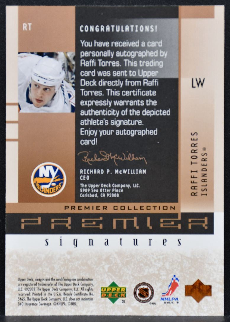 2002-03 UD Premier Collection Signatures Bronze Raffi Torres RT Auto 5225