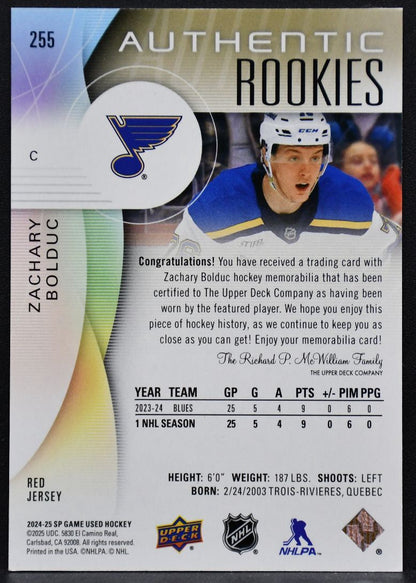 24-25 SP Game Used Authentic RC Red Jersey Bolduc 255 St. Louis Blues RC 6805