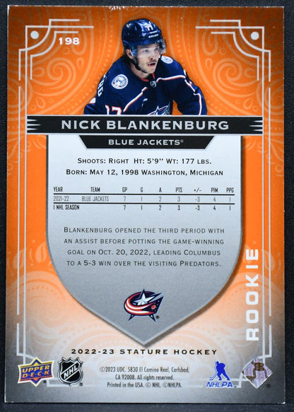 22-23 UD Stature Photo Variant Orange Nick Blankenburg 198 Blue Jackets 08/15 3674