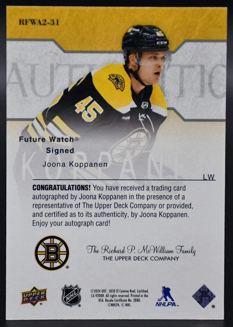 2023-24 SP Authentic Joona Koppanen RFWA2-31 Boston Bruins RC Auto 346/399