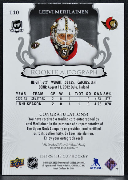 2023-24 UD The Cup Rookie Auto Gold Spectrum Foil Merilainen RC Auto 7085