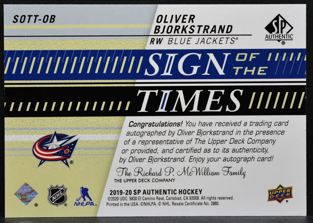 2019-20 SP Authentic Sign of the Times Oliver Bjorkstrand Blue Jackets Auto 1878