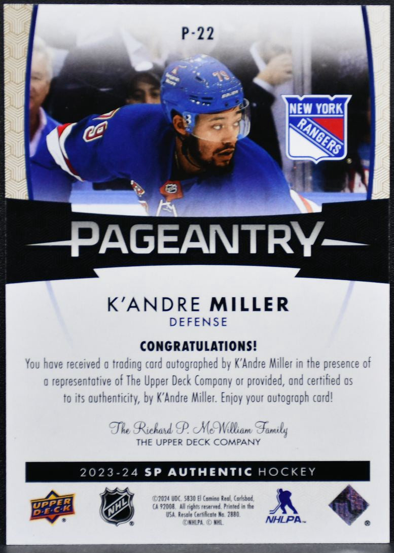 2023-24 SP Authentic Pageantry Autograph K'Andre Miller P-22 Rangers Auto 5820