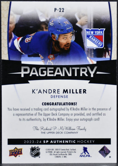 2023-24 SP Authentic Pageantry Autograph K'Andre Miller P-22 Rangers Auto 5820
