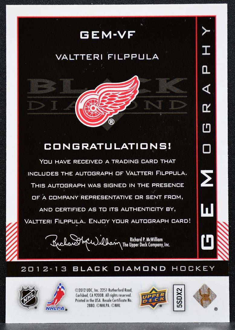 2012-13 UD Black Diamond Gemography Valtteri Filppula Red Wings Auto 0354