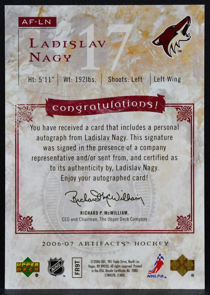 2006-07 Upper Deck Artifacts Auto-Facts Ladislav Nagy AF-LN Coyotes Auto 5538