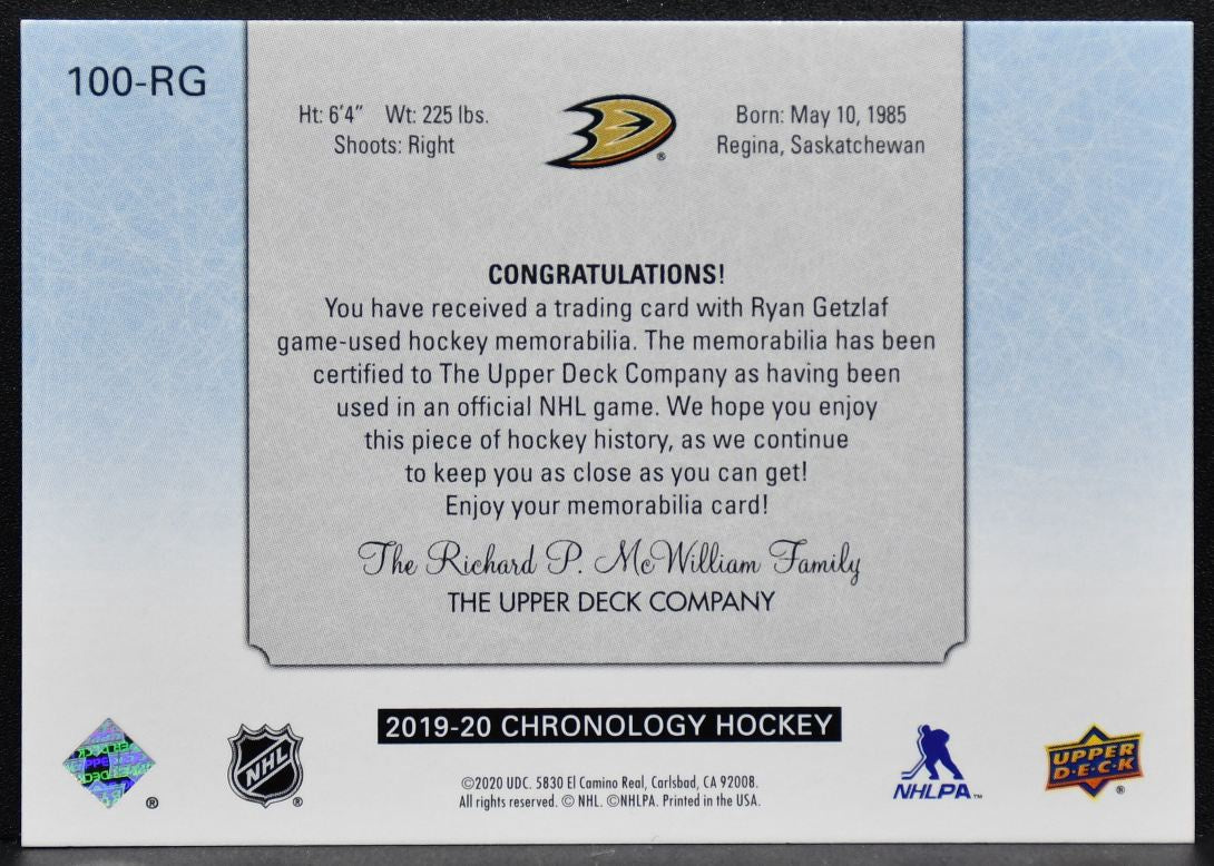 2019-20 Upper Deck Chronology 1 in 100 Ryan Getzlaf 100-RG 021/100 Patch 9095