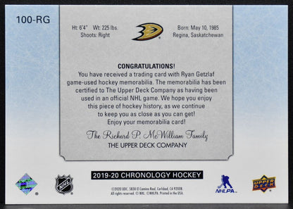 2019-20 Upper Deck Chronology 1 in 100 Ryan Getzlaf 100-RG 021/100 Patch 9095