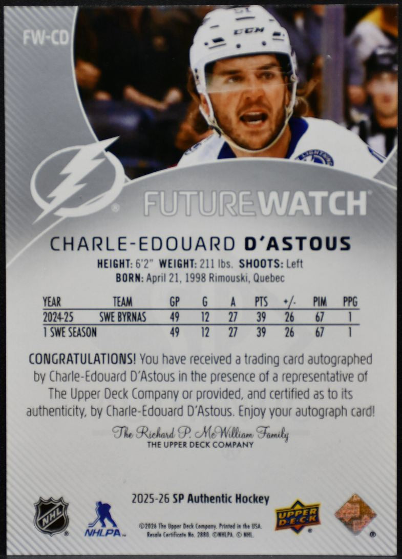 2025-26 SP Authentic Future Watch Auto D'Astous Lightning RC Auto /999 7168