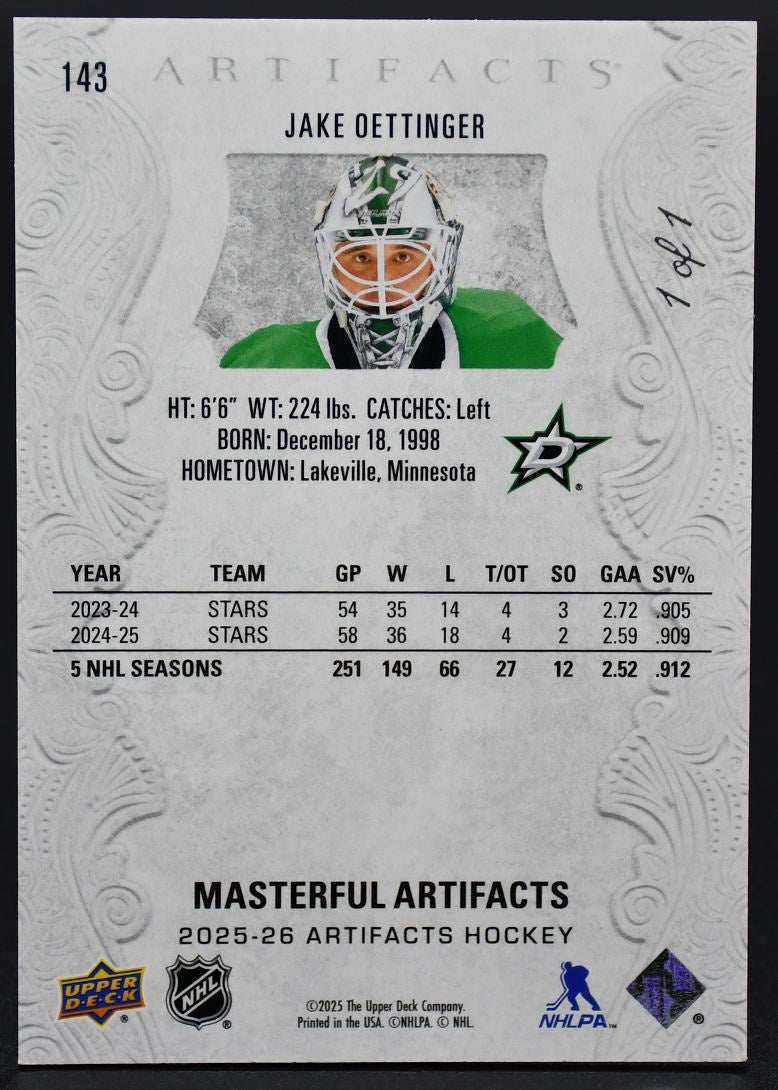 2025-26 UD Artifacts Jake Oettinger 143 Dallas Stars 1/1