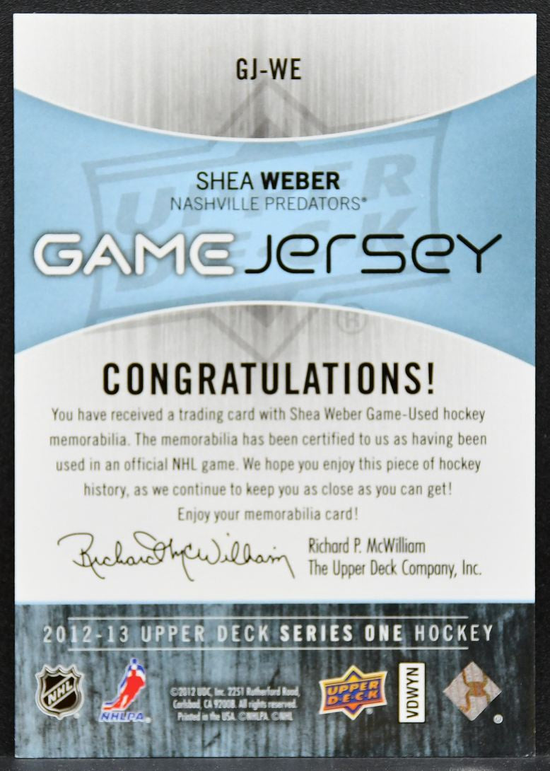 2012-13 Upper Deck Series 1 Game Jerseys Shea Weber GJ-WE Predators Jersey 3219