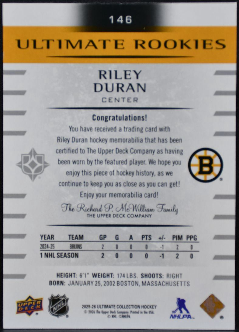 2025-26 UD Ultimate Collection Rookies Jersey Duran Bruins RC /499 Jersey 5287