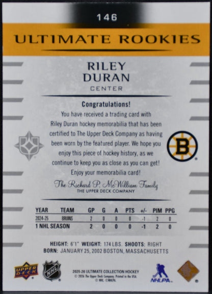 2025-26 UD Ultimate Collection Rookies Jersey Duran Bruins RC /499 Jersey 5287