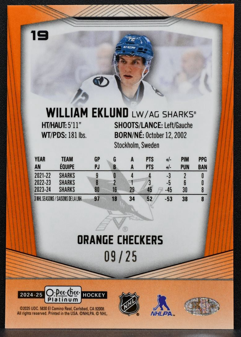 2024-25 O-Pee-Chee Platinum Orange Checkers William Eklund 19 Sharks 09/25 9454