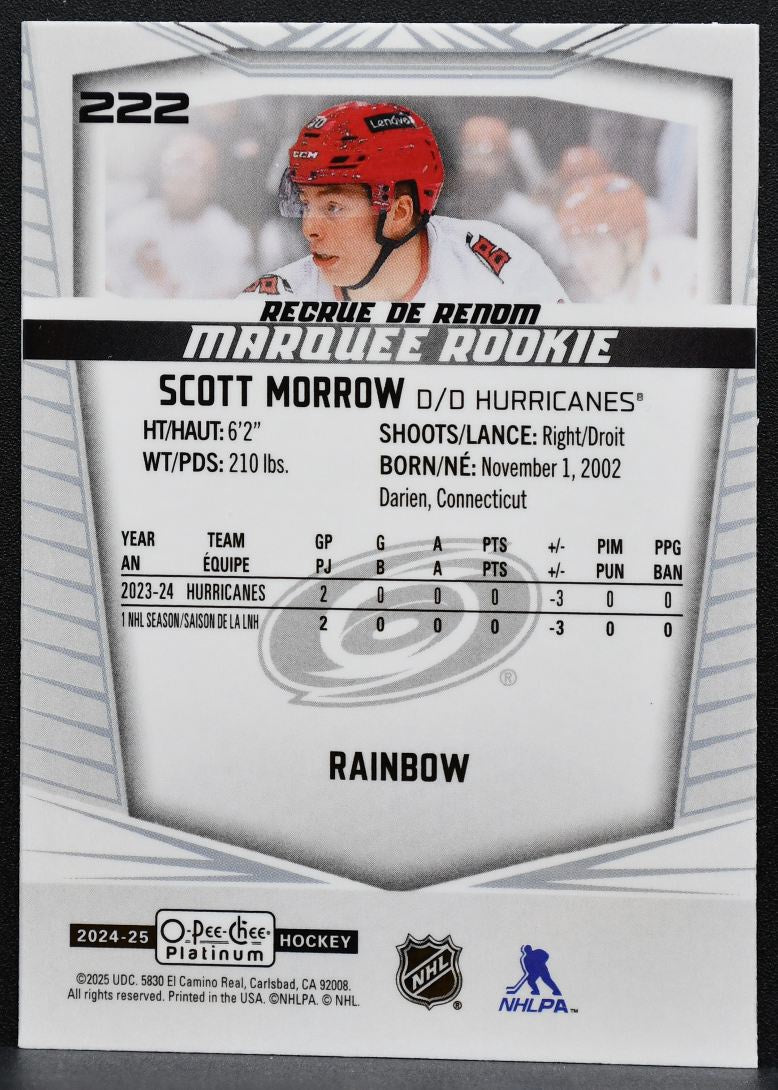 2024-25 OPC Platinum Marquee Rookie Rainbow Scott Morrow Hurricanes RC 1136