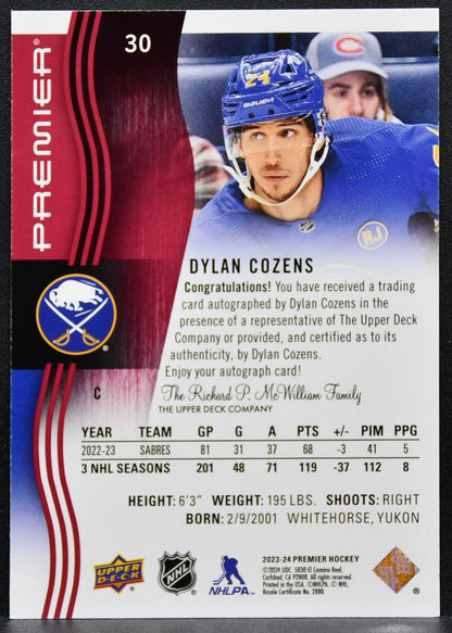2023-24 Upper Deck Premier Auto Red Dylan Cozens 30 Buffalo Sabres Auto 3585