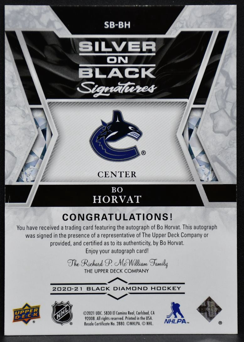 2020-21 Upper Deck Black Diamond Silver on Signatures Bo Horvat Auto 1142