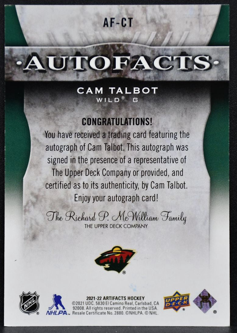 2021-22 Upper Deck Artifacts Auto Facts Cam Talbot AF-CT Auto 0855