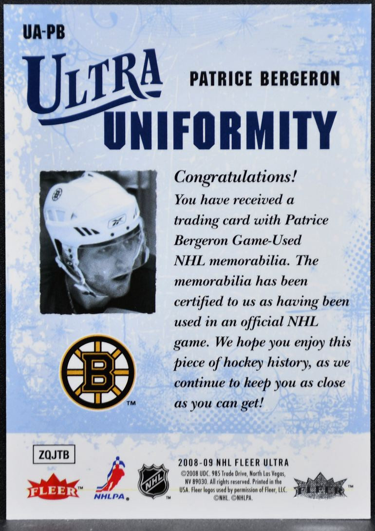 2008-09 Fleer Ultra Uniformity Patrice Bergeron UA-PB Bruins Jersey 6898