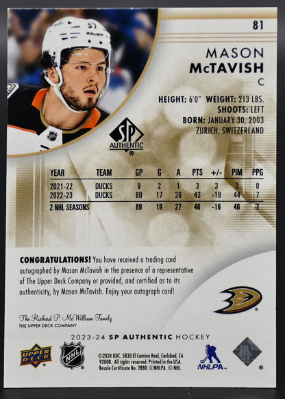 2023-24 SP Authentic Mason McTavish 81 Anaheim Ducks Auto