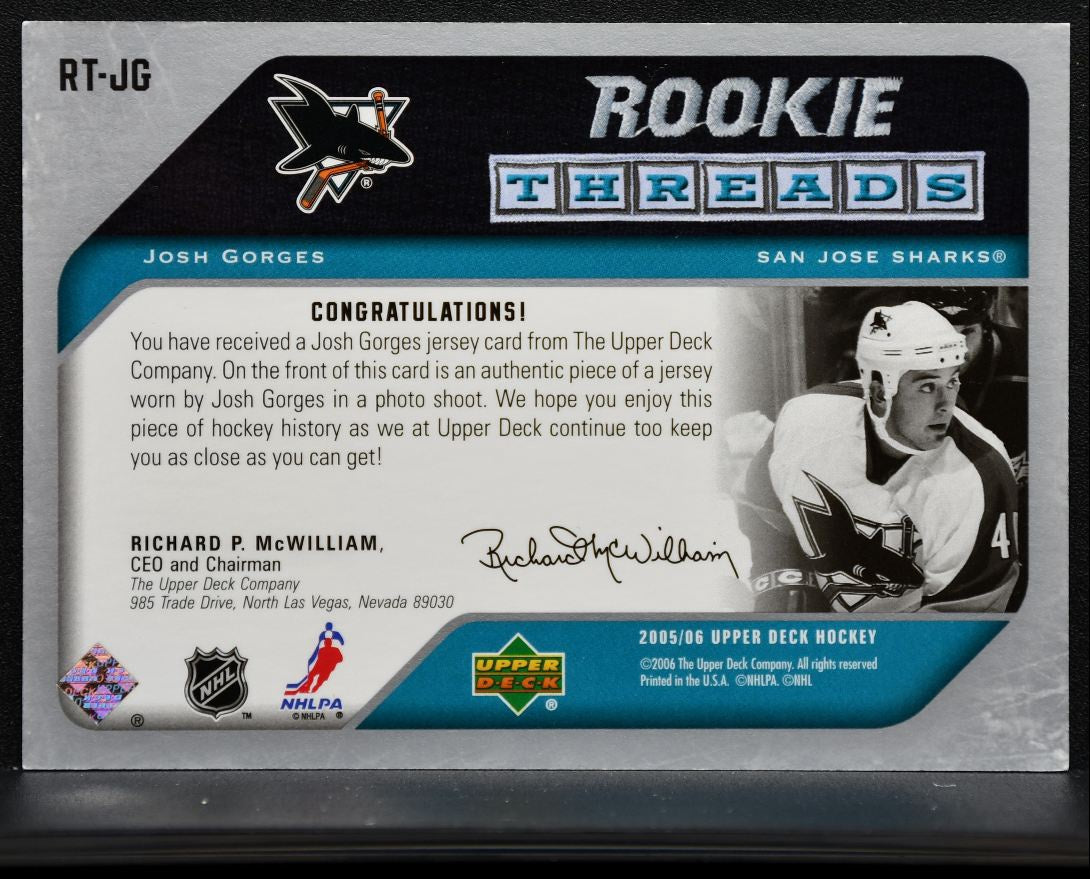 2005-06 Upper Deck Rookie Threads Josh Gorges San Jose Sharks RC Jersey 0917