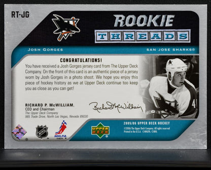 2005-06 Upper Deck Rookie Threads Josh Gorges San Jose Sharks RC Jersey 0917