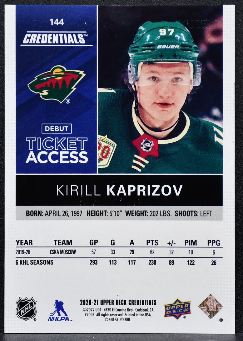 2020-21 UD Credentials Debut Ticket Access Kaprizov Wild RC 245/299 8809
